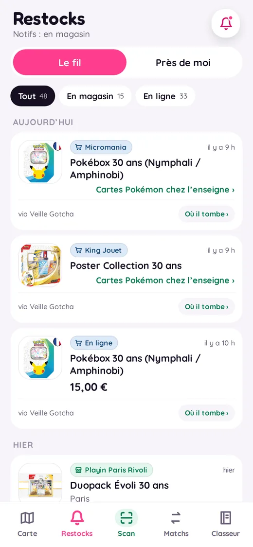 Fil des alertes : restocks en magasin et en ligne