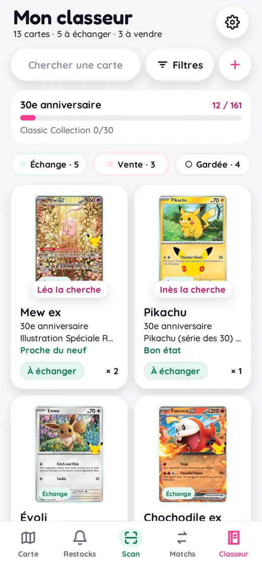 Ton classeur : cartes à échanger, à vendre, à garder