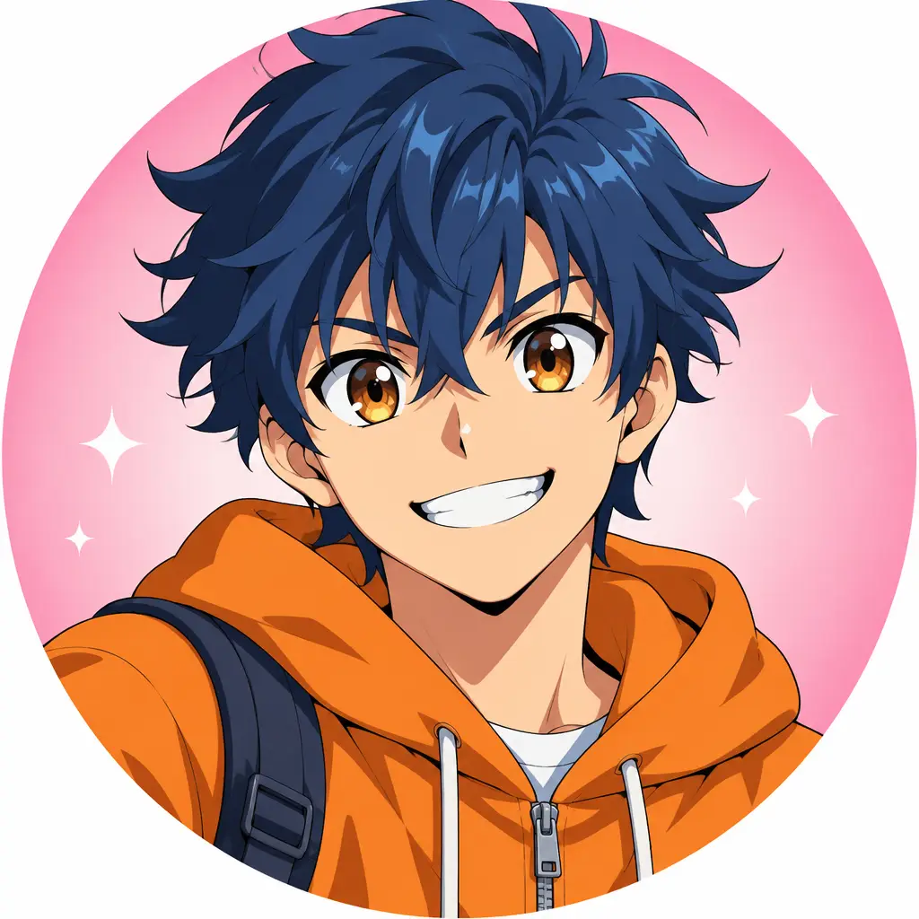 Dresseur aux cheveux bleus et sweat orange